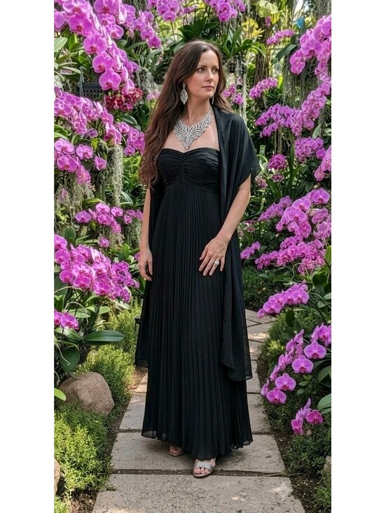 Dresses & Skirts - Black pleated strapless Maxi formal gown & shawl Size 12